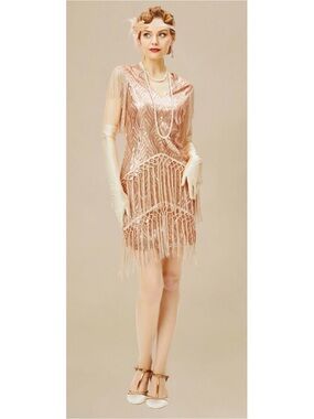 Babeyond 1920s Sparkly Sequin Bodycon Flapper Dress Golden Apricot l, size Small